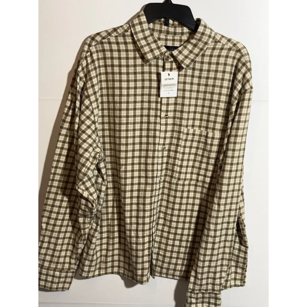 Cotton on Men's Tribeca Oversized Long Sleeve Shirt Stone Mini Check L - Picture 3 of 16